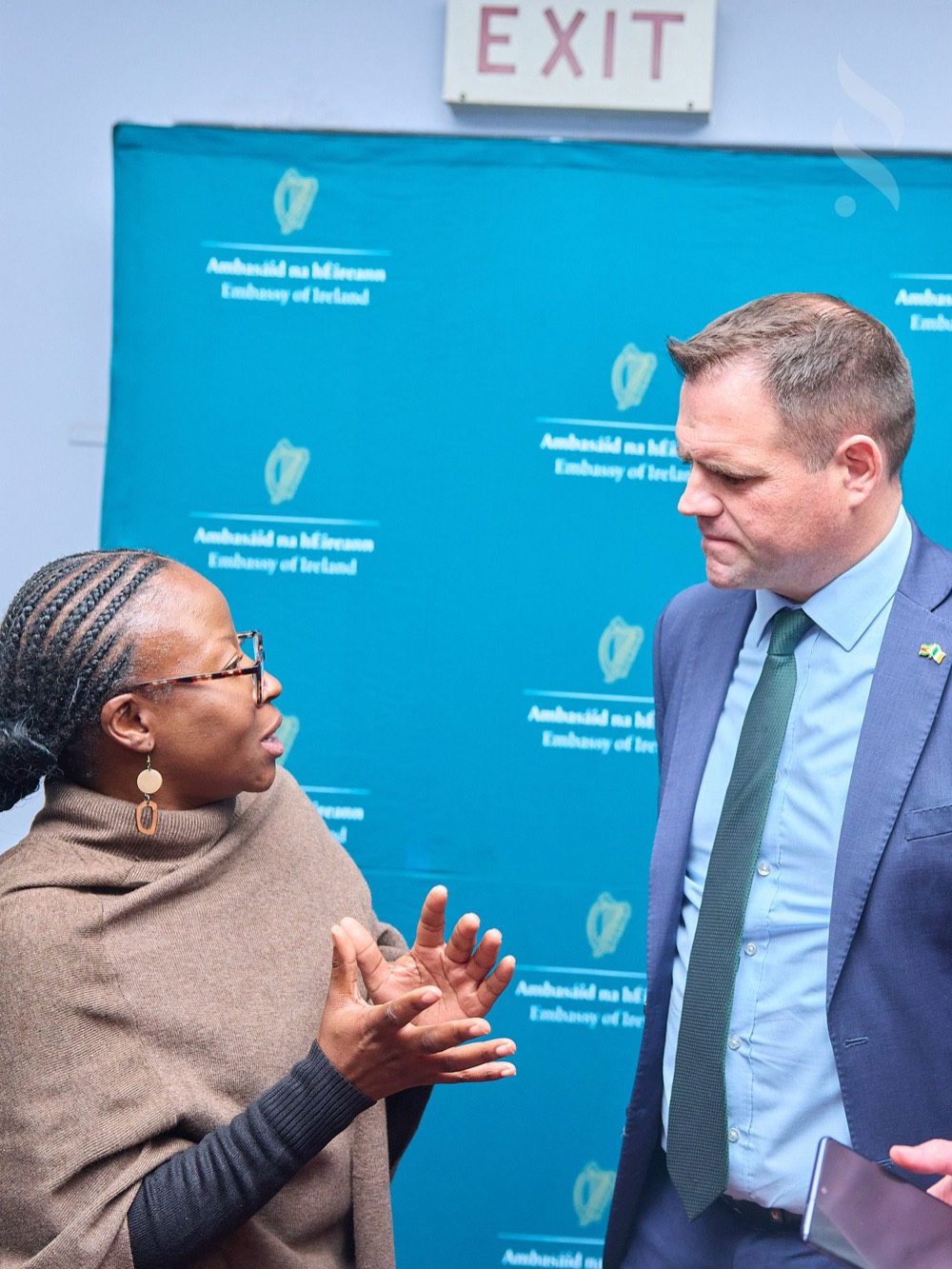 Two guests in conversation at the Embassy of Ireland social, shot by Simply Art Creative