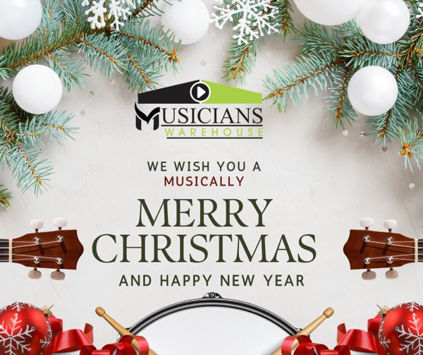 Musicians Warehouse Christmas post with ukuleles and a drum